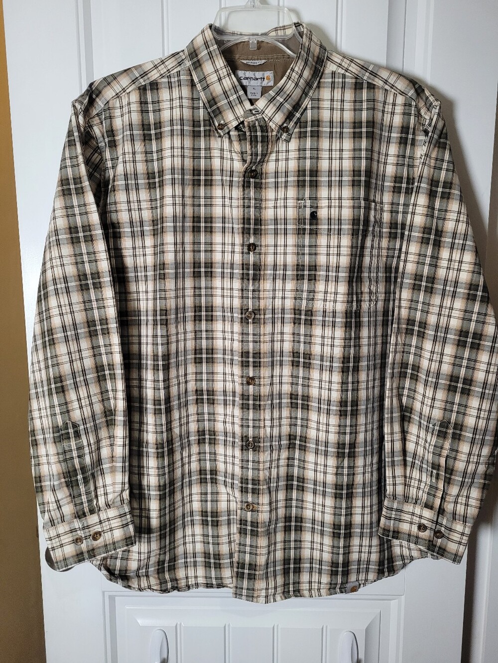 Carhartt Men’s Tan and Brown Plaid Button-Down Shirt. Size XL